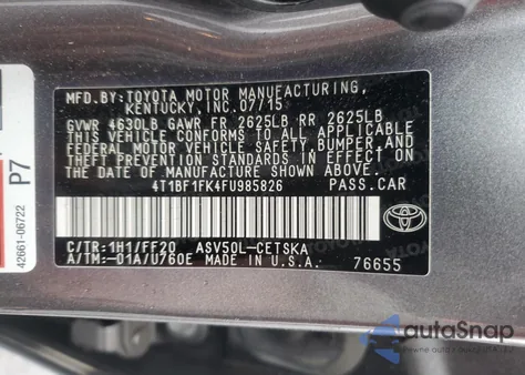 2015 Toyota Camry Le из США, поврежденный, VIN 4T1BF1FK4FU985826